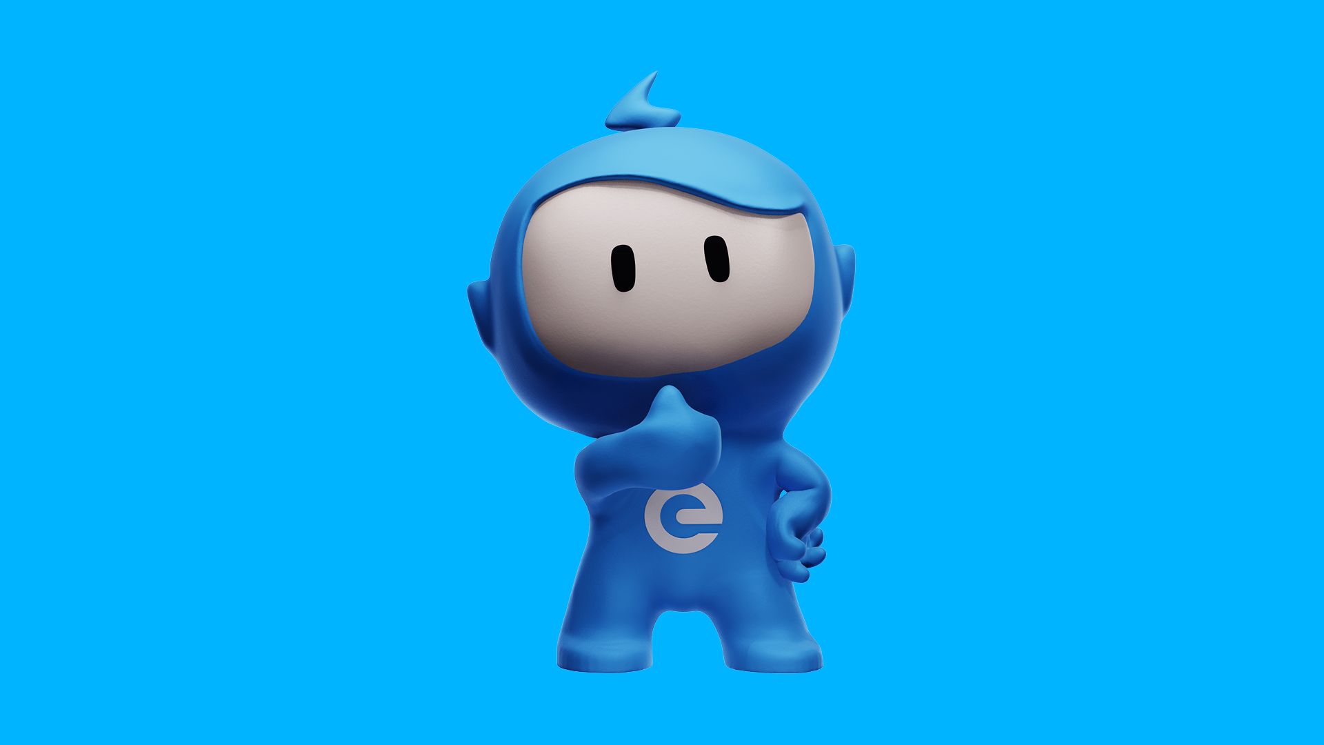 Groot blauw vlak met een robot figuur, de mascotte van Eneve.
